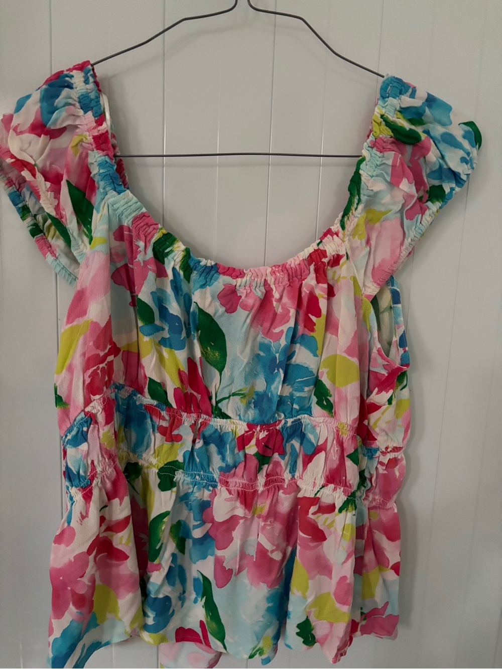 Old Navy Pink, Blue & Green Floral Off-Shoulder Top